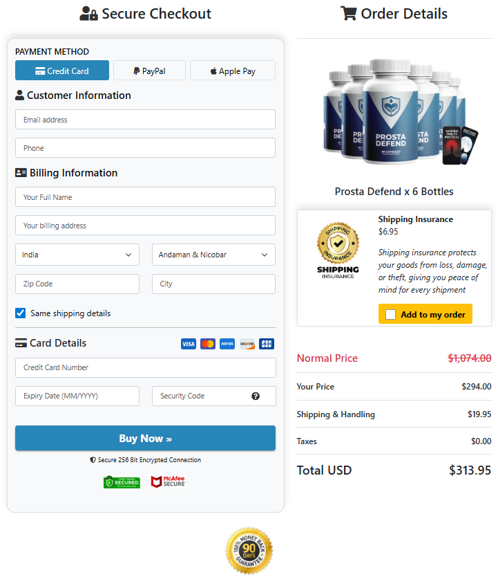 Prosta Defend secure checkout page